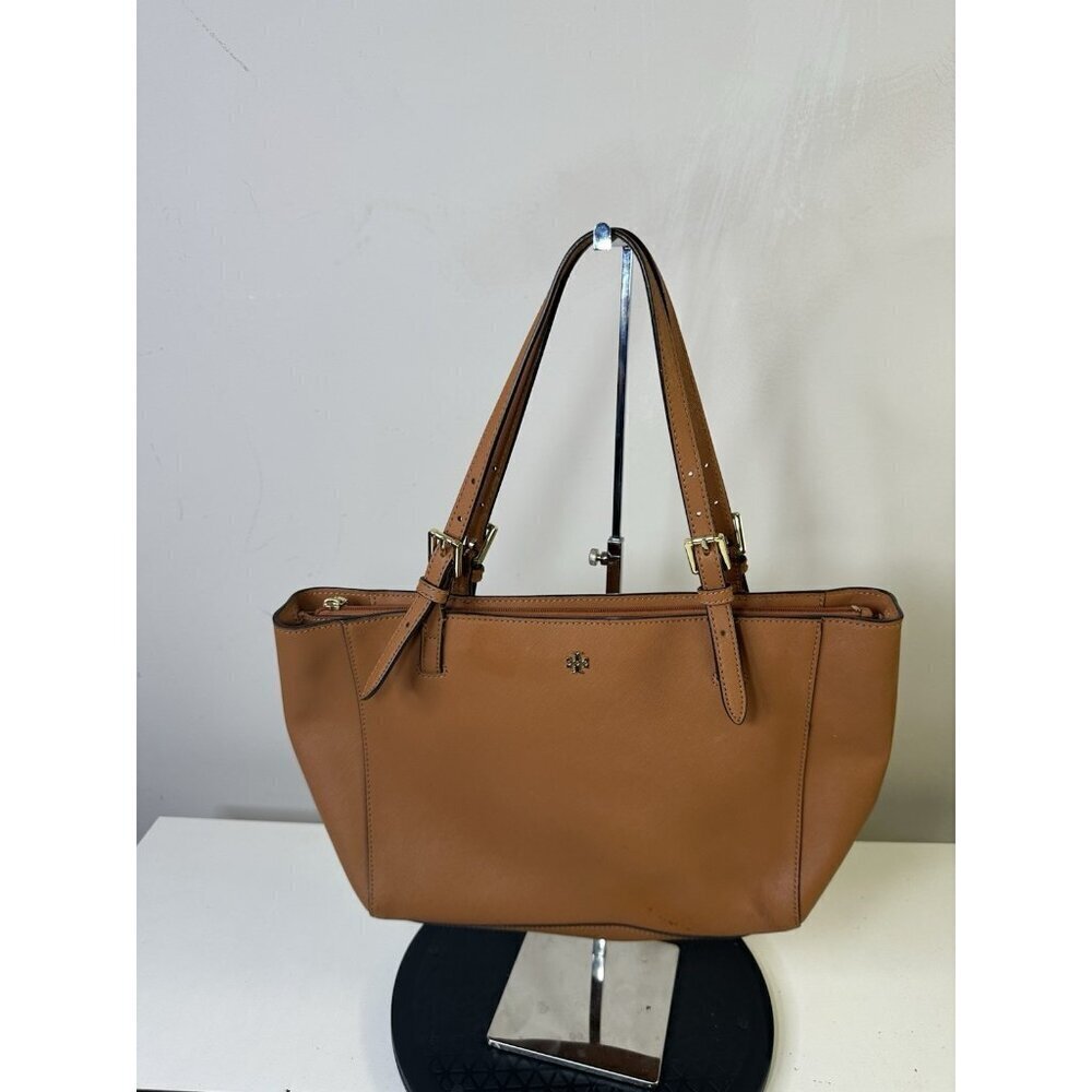 Tory Burch Brown Leather Tote Saffiano Leather Gold-Tone Hardware MSRP $449